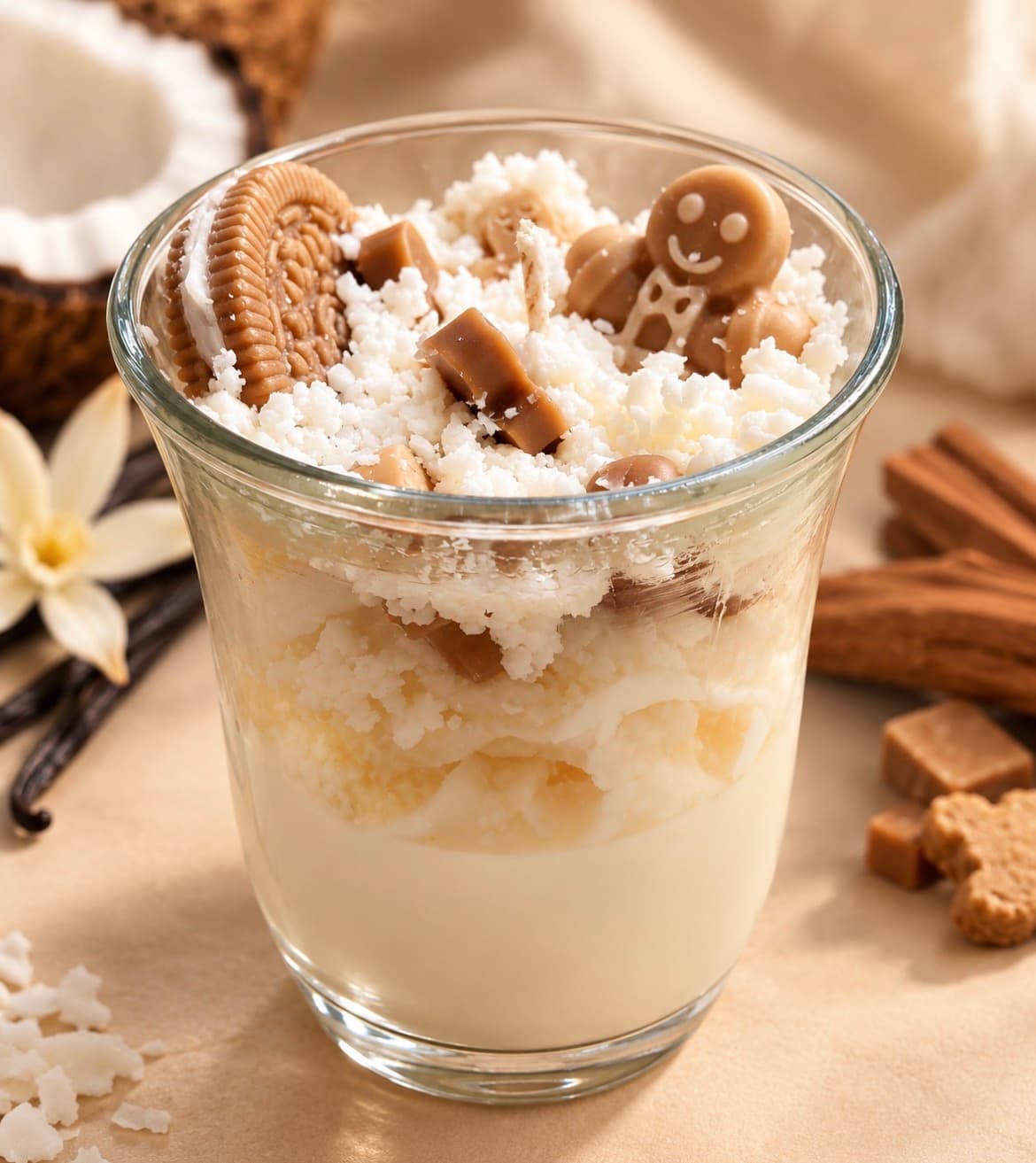 Candle in a glass tumbler layered in cream and pale yellow wax, topped with a shredded-coconut texture, a wax cookie, caramel cubes and a gingerbread figure