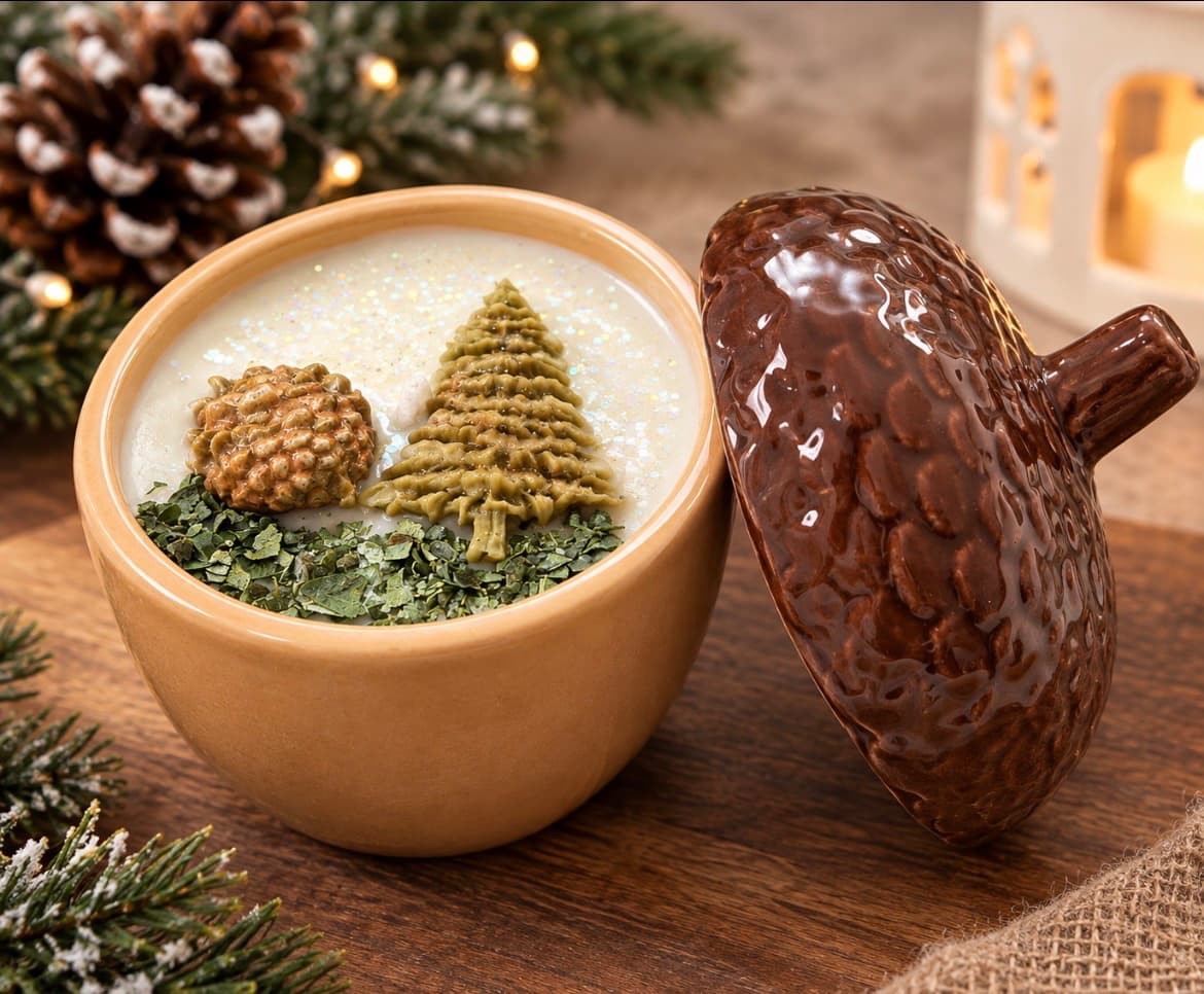 Candle in a tan ceramic bowl with a glossy brown acorn lid beside it, the cream wax set with green moss, a wax pinecone and a small wax pine tree