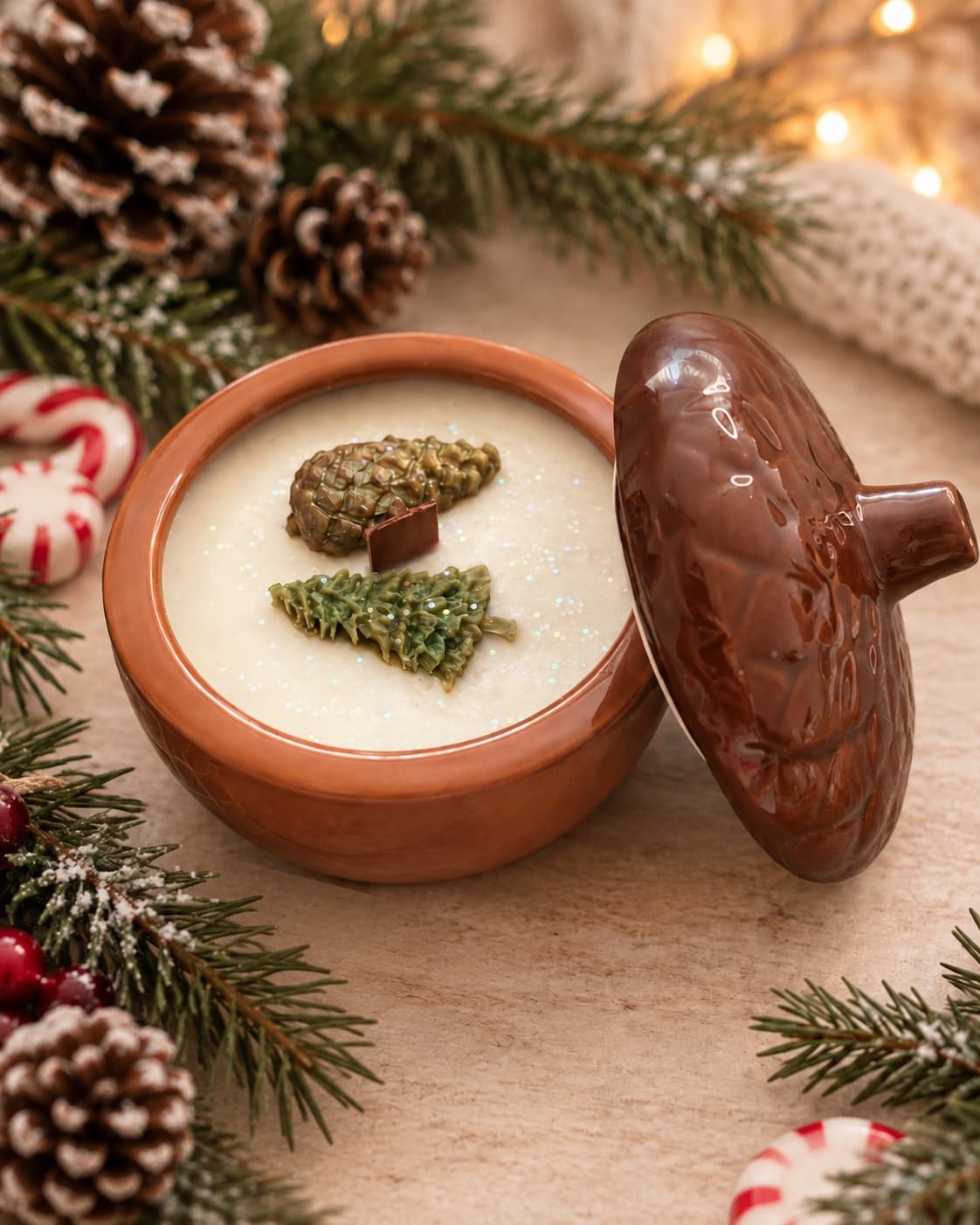 Candle in a terracotta bowl with its brown acorn lid resting beside it, two green wax pine trees on the cream wax, among snowy pine branches and candy canes